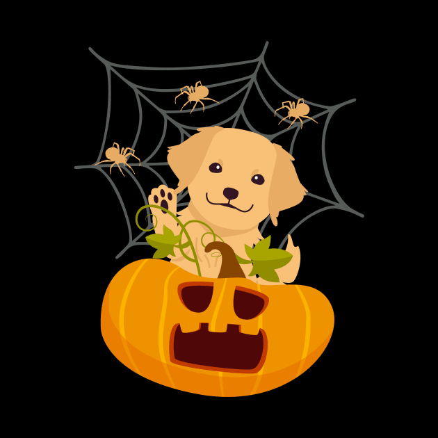 Golden Retriever Puppy in Spooky Halloween Pumpkin and Spider Web by Seasonal Dogs