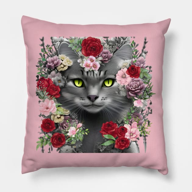 Beautiful Floral Gray Cat Pillow by Hypnotic Highs