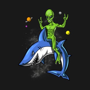 Space Alien Riding Shark T-Shirt