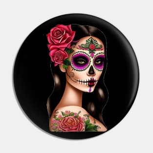 Vibrant Woman in Sugar Skull Makeup for Day of the Dead Pin