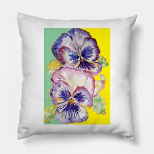 Purple Pansy Flower Watercolor Pattern on Green Pillow