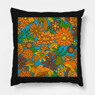 Brown, blue, orange, green, sixties seventies floral Pillow