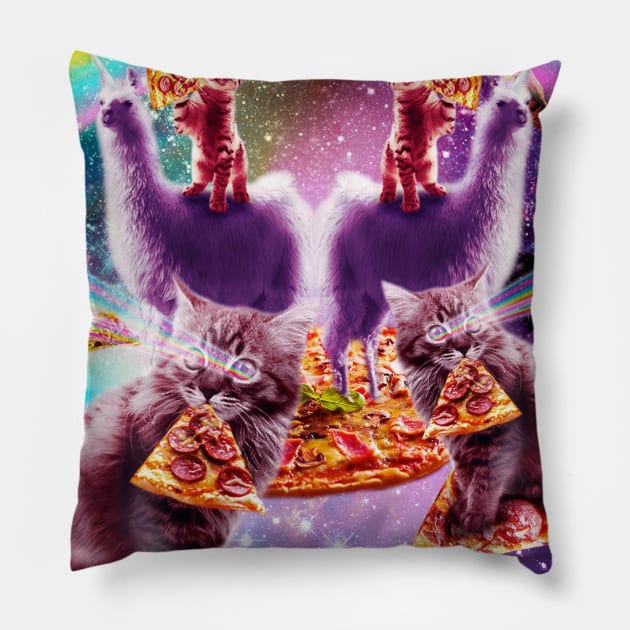 Laser Pizza Cat On Llama, Lazer Kitty Cats In Rainbow Space Pillow by Random Galaxy