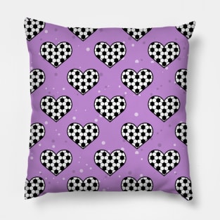 Football / Soccer Ball Texture In Heart Shape - Seamless Pattern on Purple Background Pillow