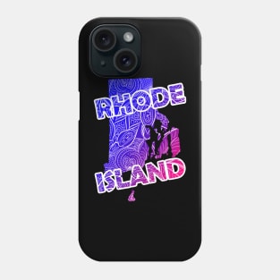 Colorful mandala art map of Rhode Island with text in blue and violet Phone Case