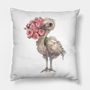 Valentine Ostrich Giving Flowers Pillow