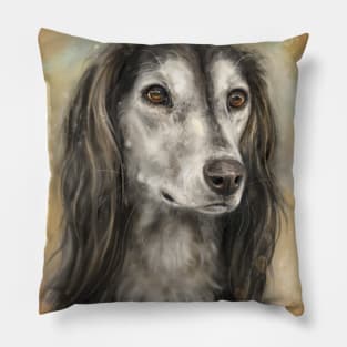 Painting of a Long Hair Brown and White Saluki Dog on Yellow Brown Background Pillow