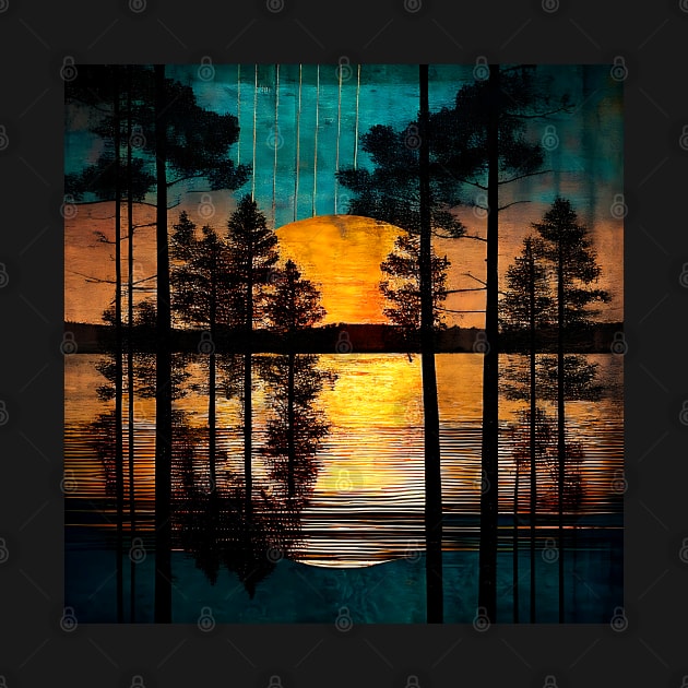 Golden Sunset Horizon Trees Silhouettes Serene Teal Lake Reflections by The Art Mage