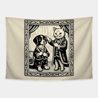 Cat & Dog Comedy Duo in Human Threads Tapestry