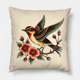 Vintage Flash Tattoo Sparrow Bird Pillow