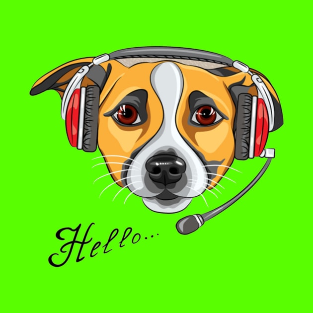 Customer service worker dog Jack Russell Terrier, call center operator with phone headset says Hello by amramna