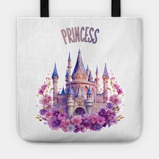 Princess Pink Purple Dreamy Castle with Flowers Watercolor Art Tote