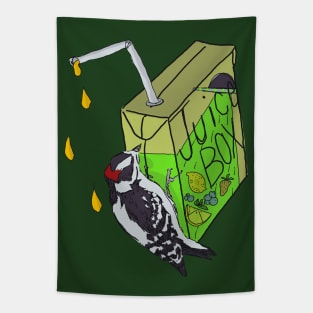 Juice Boxes and Downy Woodpeckers Tapestry