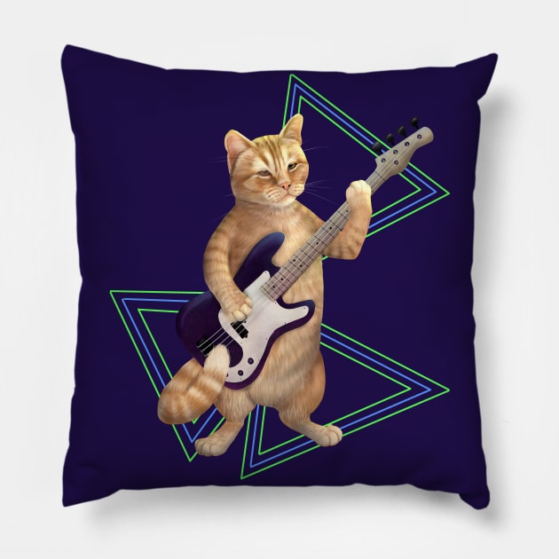 Bass cat. Rock kitty on bass guitar Pillow by Mehu Art