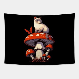 Funny Vintage White Cat in Mushroom Garden Tapestry