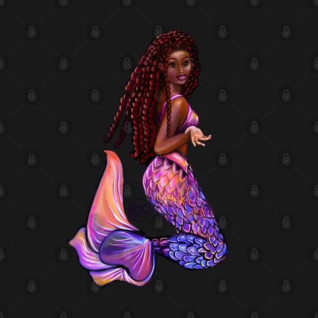 mermaid with flowing red locs #2,   Afro hair and caramel brown skin. Black mermaid by Artonmytee