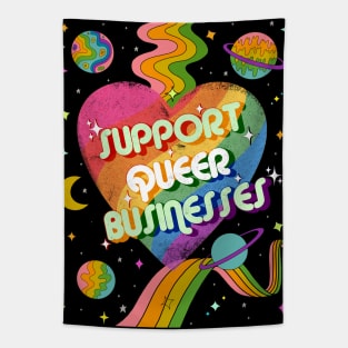 Support Queer Businesses Vintage Distressed with Planets & Rainbows Tapestry