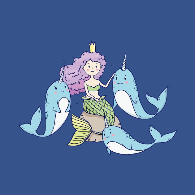 Fairy Little Mermaid and Narwhals by Olya Yatsenko