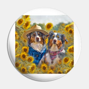 Australian Shepherd Farmers in Sunflowers Pin