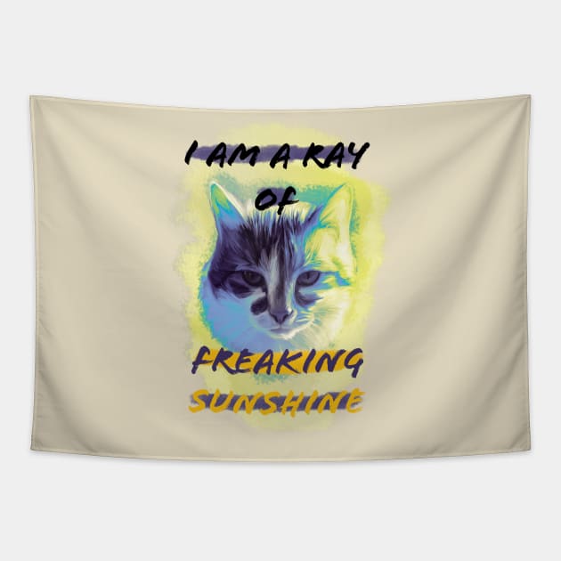 I Am a Ray of Freaking Sunshine blue Cat with Background Tapestry by Czajnikolandia