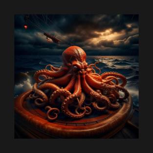 Octopus on a boat on a scary night T-Shirt