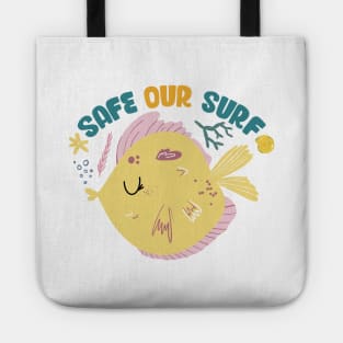 Safe our Surf quote with cute sea animal fish, starfish, coral and shell Tote