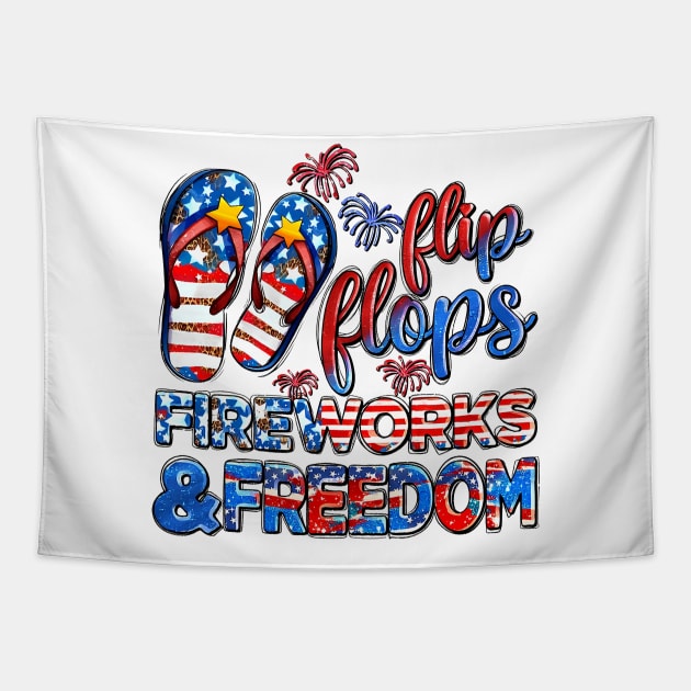 Flip Flops Fireworks And Freedom, USA Flag, 4th Of July, Independence Day Tapestry by MichaelStores