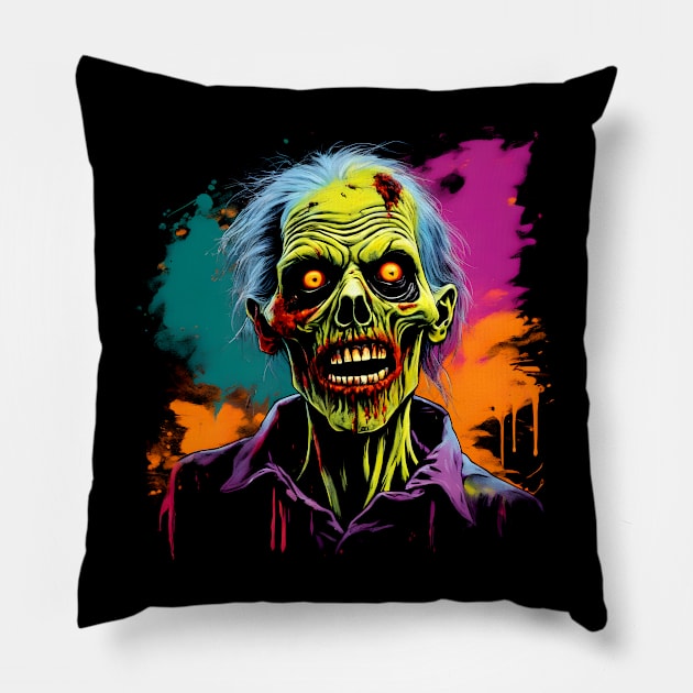 Halloween Zombie Colorful Vintage Design Pillow by Ravenglow