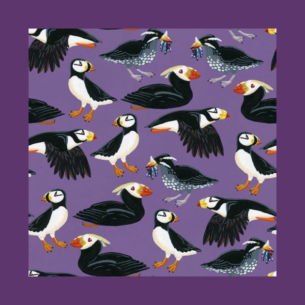 Gouache Purple Puffins Pattern by paintedpansy