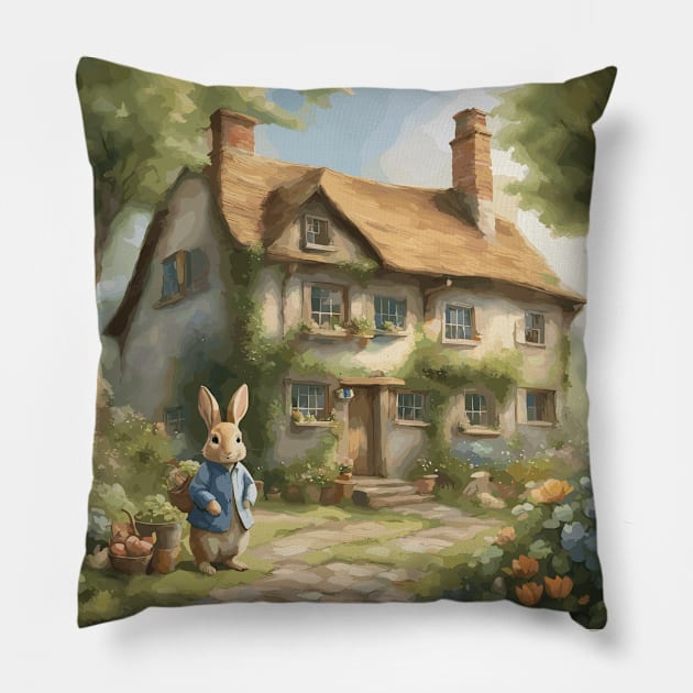 Whimsical Rabbit Cottage Pillow by Souls.Print