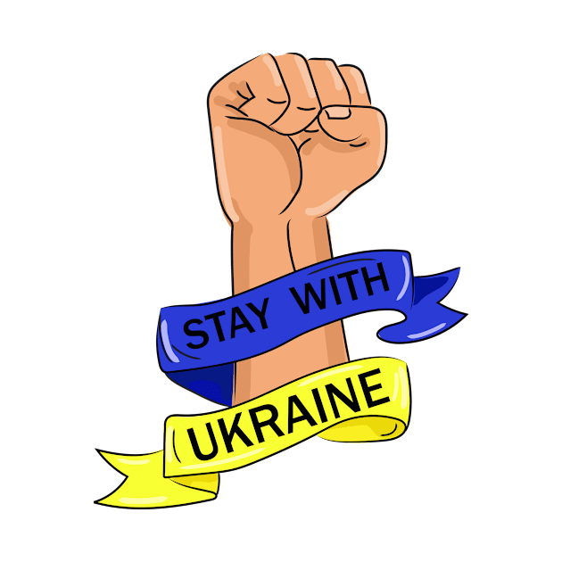 Stay with Ukraine sign.Fist up with blue-yellow ribbon and text by Ponka Design