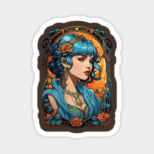 Bohemian Blue Haired woman retro vintage floral design Magnet