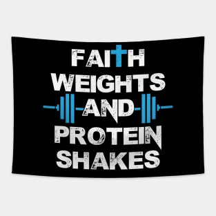 Funny Faith Weights And Protein Shakes Gym Workout Tapestry