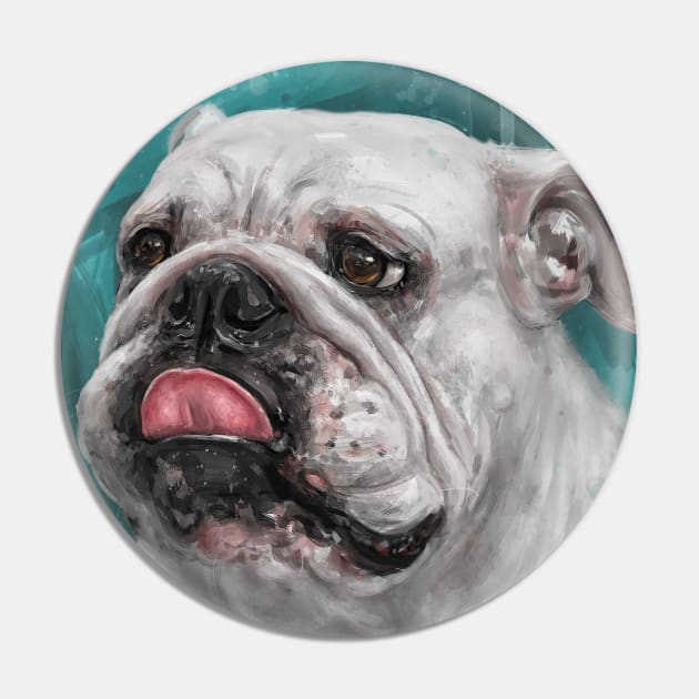 Close Up Painting of a White Bulldog With Its Tongue Out, Blue Background Pin by ibadishi