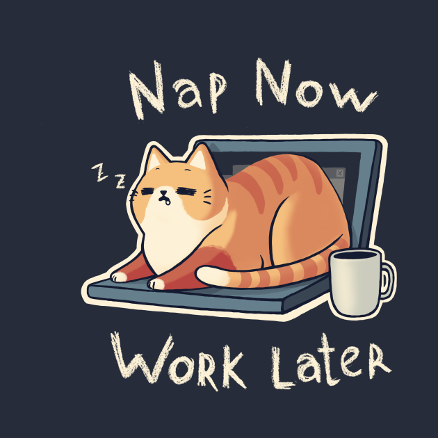 Disover Priorities Nap - Procrastination Cute Cat - Funny Computer Coffee - Lazy - T-Shirt