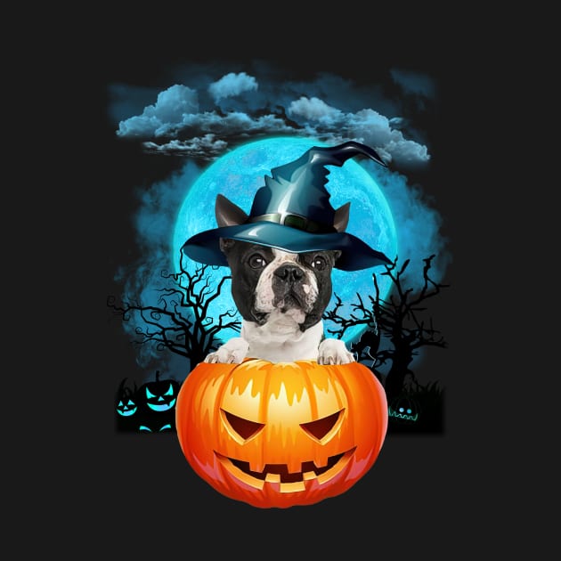 Boston Terrier Witch Hat Pumpkin And Blue Moon Halloween by Centorinoruben.Butterfly