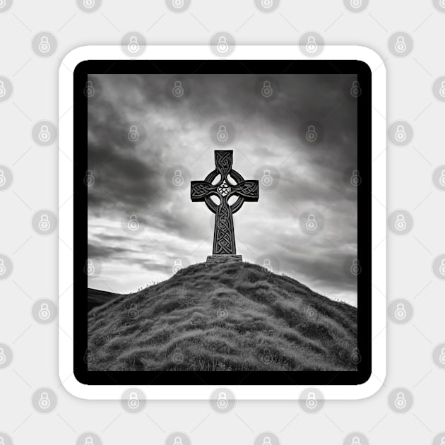 Ancient Celtic Cross on a Burial Mound hill on a hill beneath a stormy, angry sky Magnet by DesignsbyZazz