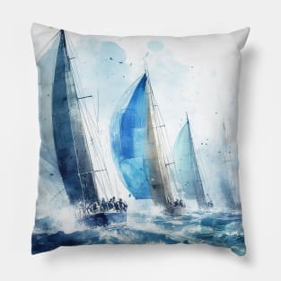 Sailboat race illustration in shades of blue Pillow