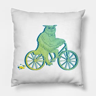 Owl on a Bike Green Pillow