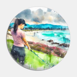 Artistic illustration of a woman golfer Pin