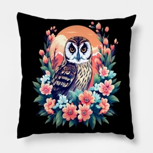 A Cute Short Eared Owl Surrounded by Bold Vibrant Spring Flowers Pillow