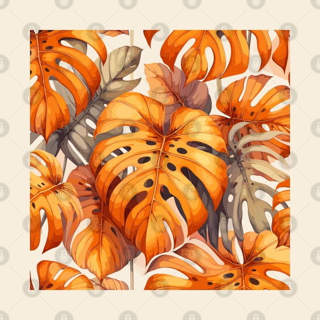 Orange Monstera Tropical Leaves by Siha Arts