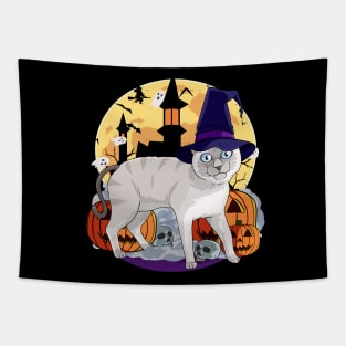 Siamese Cat Funny Halloween Witch Pumpkin Tapestry