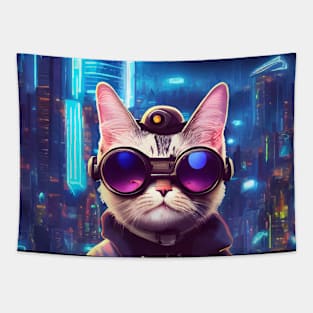 Cool Japanese Techno Cat In Japan Neon City Tapestry