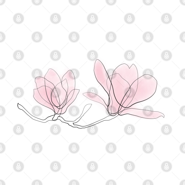 Magnolia Flowers, Pink, Drawing, Continuous Line, Light by EnvelopeStudio