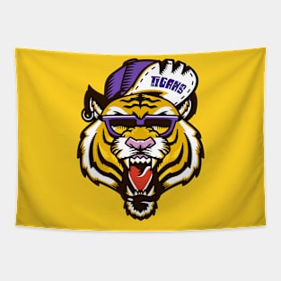 Rad Tiger Head in Purple and Gold Tapestry