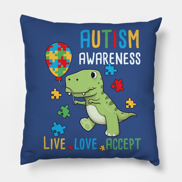 Autism Awareness T-Rex Dinosaur Color Puzzles Heart Balloons Pillow by kevenwal