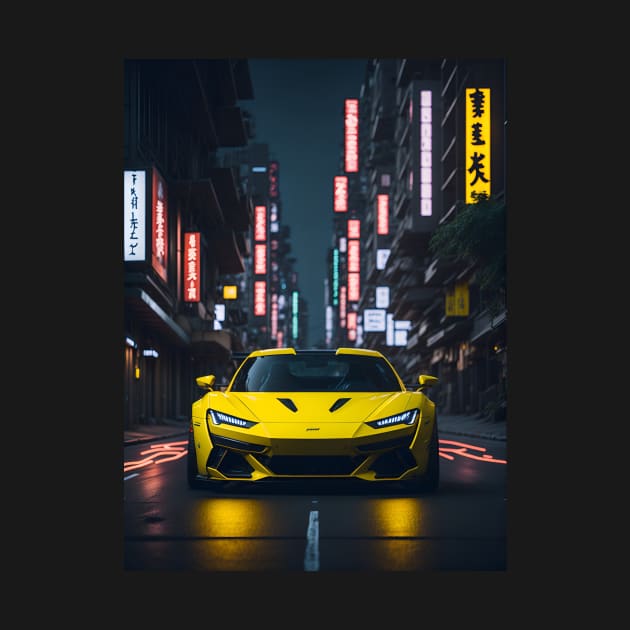 Dark Yellow Sports Car in Japanese Neon City by star trek fanart and more