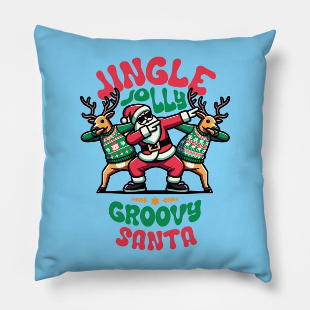 Holly Jingle Jolly Groovy Santa and Reindeers in Ugly Sweater Dabbing Dancing. Personalized Christmas Pillow by Lunatic Bear