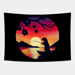 Aquatic Animal Vintage Silhouette Art Floral Japanese Otter Tapestry